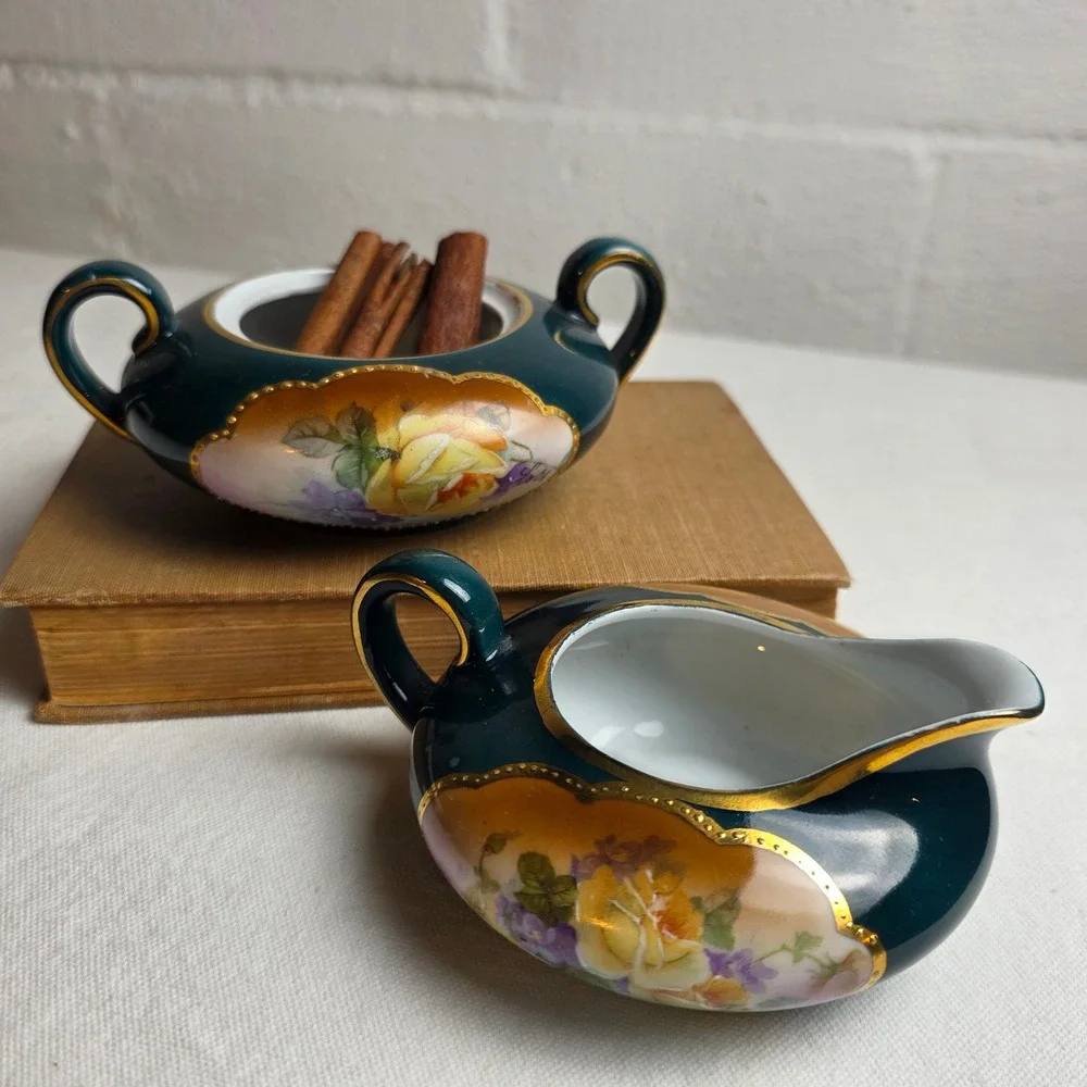 Vintage 1900s Bavaria Germany Hand Painted Floral Porcelain Creamer & Sugar Set